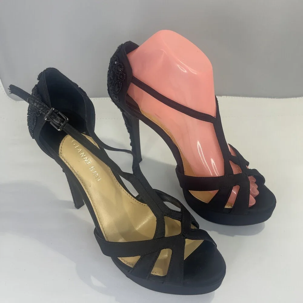 GIANNI BINI CUSTOMIZED BEADED MELISSA 8.5M Black Platform Stiletto Heels WEDDING